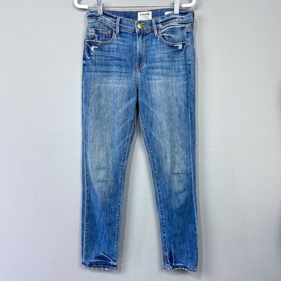 Frame Denim Le Boy Jeans Beckham Wash Size 27 Distressed Ankle High Rise Denim - Picture 2 of 13
